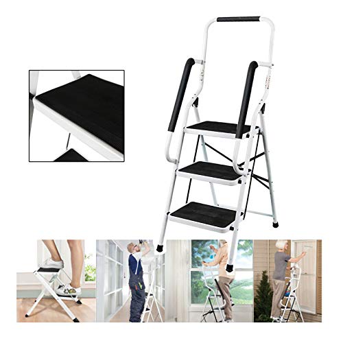 Klappleiter 3 Stufen Trittleiter mit Handlauf Tragbare Stehleiter Rutschfest Klapptritt Starker Stahl Klappsicherung Leiter, bis 150 kg belastbar