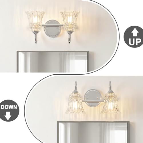 Image of Vintage Farmhouse Bathroom Vanity Light Fixture, 3-Light Chrome Wall Sconce Over Mirror with Tulip Flower Glass Shade, 14.6 Inch Bath Wall Lamp for Bathroom Bedroom Hallway