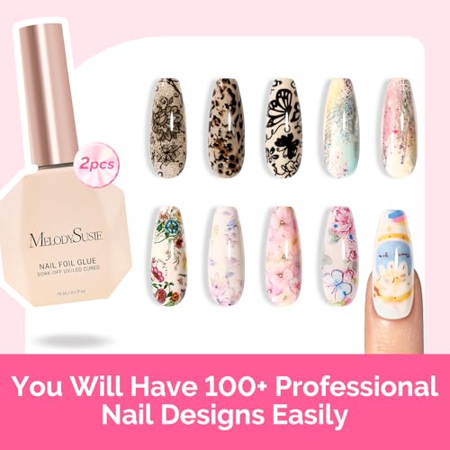 Image of MelodySusie 2PCS Nail Foil Glue Gel and 2PCS Stamping Plates, 15ML Soak Off LED /LUV Foil Transfer Adhesive for Nail Art, Professional Strong Sticky Base for Nail Foils & Stickers