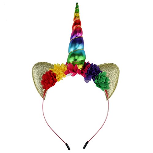 YanJie Shiny Unicorn Horn Ears Flower Headband Cosplay Costume (Rainbow)