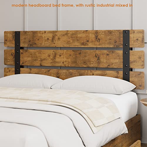 Full Size Bed Frame With 4 Storage Drawers Modern Industrial Headboard And Footboard, Metal Platform Bed Frame 12 Wood Slats Strong Mattress Foundation No Box Spring Needed Noise-Free, Vintage Brown #TOP5