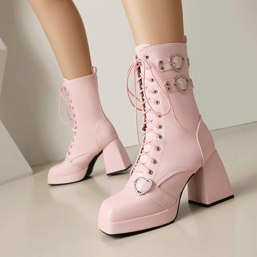 Women's Mid Calf Combat Boots Square Toe Block Heel Platform Lace Up Boots with Buckle Straps2