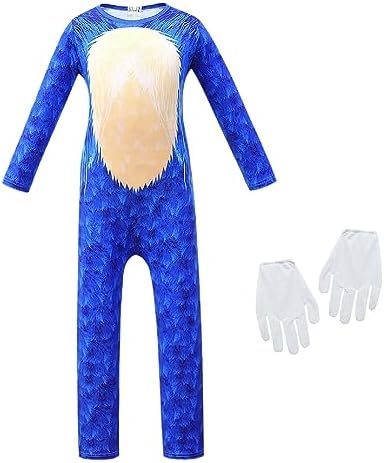 Garperkids Boys Girls Cartoon Costumes 4T for Kids Hedgehog Cosplay Bodysuit Little Movie Character Role Play Clothes Toddlers Long Sleeve Blue Dress Up Romper Gloves with Mask Aged 6-12, 120cm