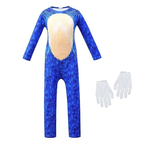 Garperkids Boys Girls Cartoon Costumes 4T For Kids Hedgehog Cosplay Bodysuit Little Movie Character Role Play Clothes Toddlers Long Sleeve Blue Dress Up Romper Gloves With Mask Aged 6-12, 120Cm #TOP20