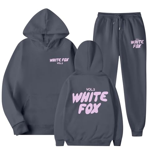 Conjunto de sudadera estampada para mujer, conjunto de chándal con capucha y pantalones deportivos con capucha de zorro para chándal, conjunto de 2 piezas, gris oscuro, M
