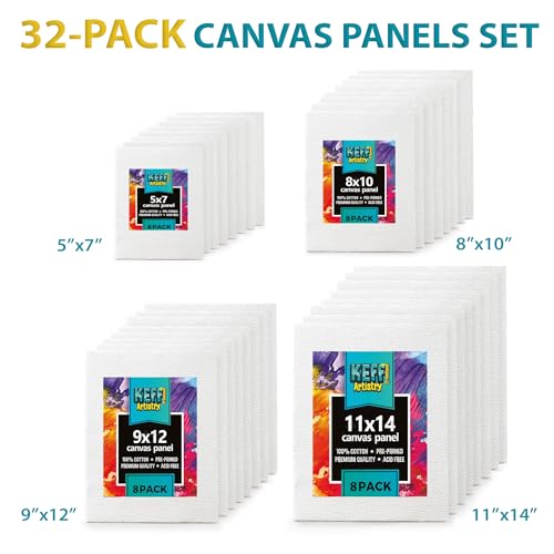 Image of KEFF 32-Pack Bulk Canvas for Painting, 8 of 5x7, 8x10, 9x12, 11x14 Canvas Boards for Painting, Art Supplies for Adults & Kids - 100% Cotton Primed Painting Canvas for Acrylic, Oil, Watercolor, Tempera
