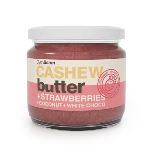 GymBeam Cashewcreme mit Erdbeeren - Cashewbutter mit Kokosnuss und weißer Schokolade, zarte cremige Konsistenz, ohne Palmöl, GVO & Gluten, ideal für Porridge Bowls, Desserts und Smoothies, 340 g