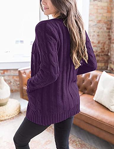 Merokeety Women's Long Sleeve Cable Knit Sweater Open Front Cardigan Button Loose Outerwear Plum #TOP2