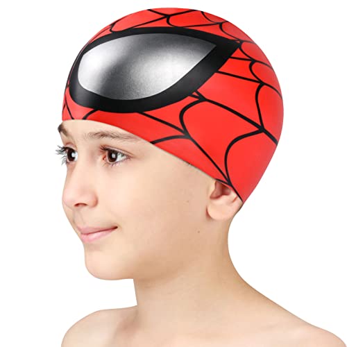 AOMIG Gorro Piscina Niño, Lindos Gorro Natacion Niño de Spider Cómodos y Elásticos, Swimming Cap de Silicona Impermeable e Hipoalergénico, Gorro de Baño para Niñas, Niños para Cabello Largo y Corto