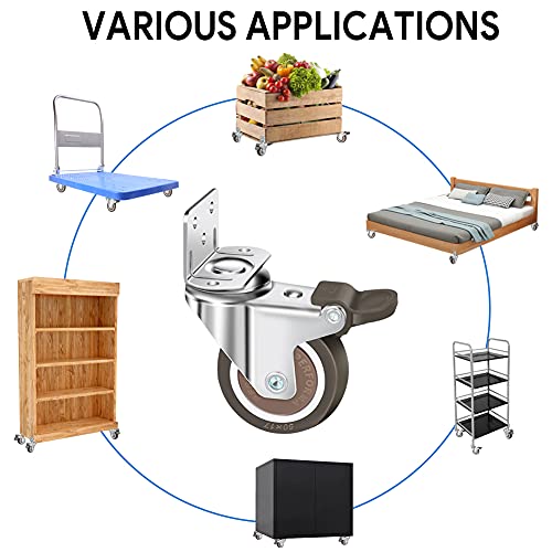 4 L-förmige Rollen für Möbel, 50mm Lenkrollen mit Bremse | 30 Schrauben | 360° Drehbar Möbelrollen,Transportrollen Schwerlastrollen(2 Lenkrollen,2 Bremsrollen) für Krippen,Möbel,Blumenständer