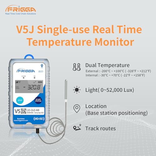 Image of Frigga V5J 4G /5G Real Time Temperature Data Logger with Extra Low External Probe Single Use 28800 Points Remote Digital Temperature Recorder 60 Days for Pharmacy Dry Ice Liquid Nitrogen Transportation