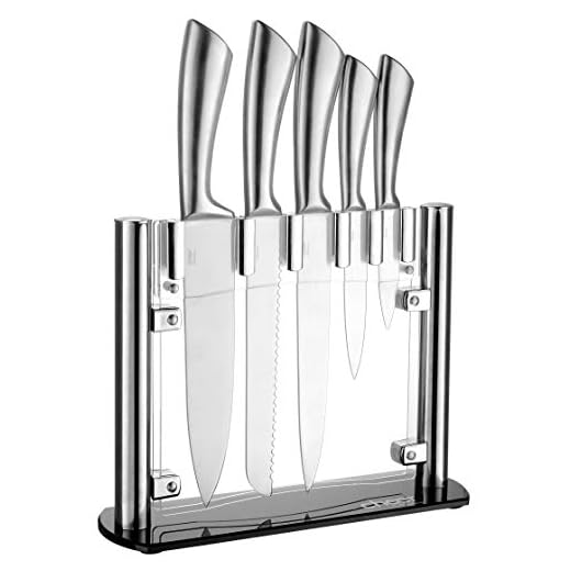 Cheer Collection Stainless Steel Chef Knife Set with Acrylic Stand (6-Piece) Professional Kitchen Utensils - Sharp Serrated and Standard Blades for Mincing, Chopping, Slicing