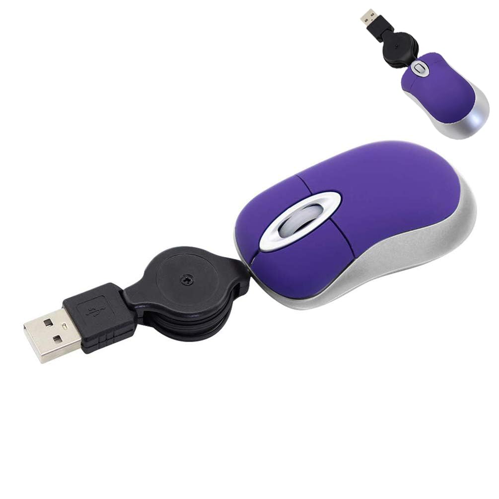 Wired Mouse Mini Small Travel Mice with Retractable Cable Portable Compact Pocket Tiny Handheld Little Purple USB-A Mouse