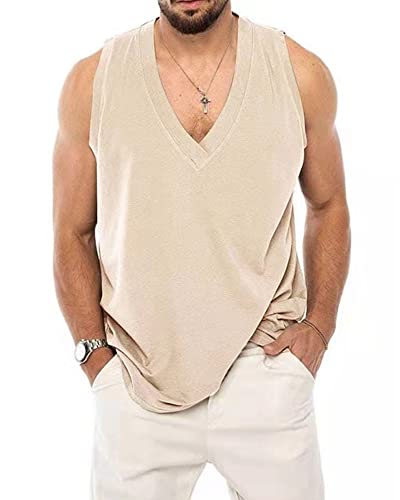 Utcoco Men's Cotton Linen Tank Top Solid Color V-Neck Cut Off Tee Summer Beach Sleeveless Shirts For Men (S, Light Khaki) #TOP28