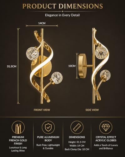 Image of FILLISKA Luxurious LED Wall Lamp for Home with Adjustable Colour Changing Function (1 Year Warranty)(French Gold-5054)