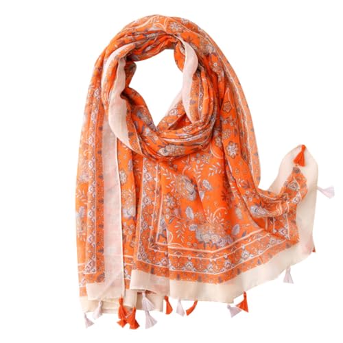 SECFOU Écharpe Bohème Vintage Voile Légère pour Femme Foulard de Plage Anti-uv Accessoire Mode Confortable et Élégant pour Toutes Saisons Cadeau pour Voyage et Fête Orange