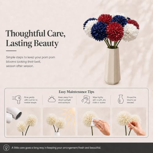 Image of Mandy's 12pcs Artificial Red White Blue Ball Chrysanthemum Flowers