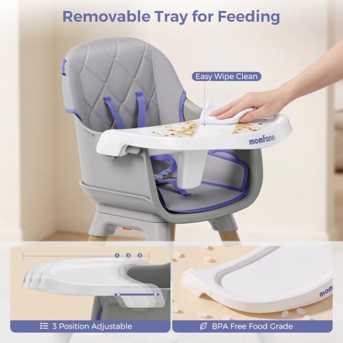 Image of MOMFANN 6-in-1 Convertible High Chair for Babies and Toddlers, Natural Wood Toddler High Chair with Adjustable Tray & & 5-Point Harness, Dishwasher-Safe