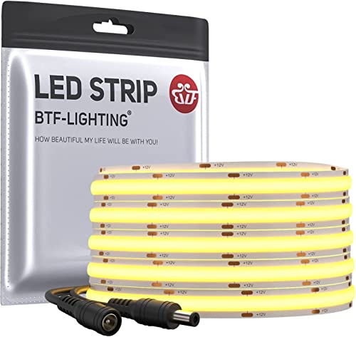 BTF-LIGHTING FCOB Flexible High Density LED Strip 5M 336LEDs/M Warm White 8W/M 12V 8mm Dimmable Malleable FOB COB LED Light Tape for Bedroom Kitchen Home Interior Decoration(Only Strip)