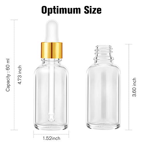 Prettycare Eye Dropper Bottle 2 Oz (12 Pack Clear Glass Bottles 60Ml With Golden Caps, 24 Labels, Funnel & Measured Pipettes) Empty Tincture Bottles For Essential Oils #TOP5