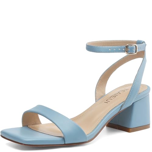 Image of TEAIEUI Block Heels for Women, Square Open Toe Heeled Sandals, Chunky Ankle Strap Shoes for Dress, Party, Prom, Low Heel 2 inch, Light Blue, Size 8