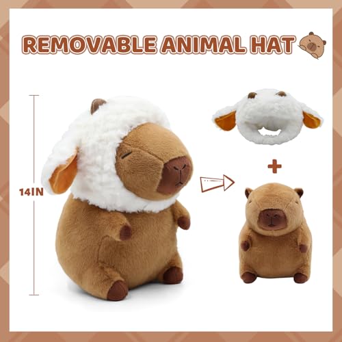 Image of Capybara Plush, Cute Capybara Plush Toy Wear Removable Lamb Hat, Kawaii Soft Capybara Plushie Pillow, 14 inch Capybara Stuffed Animal Hugging Plushy Gifts for Kids Adults (Medium)