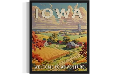 Iowa State Scenery Poster Art Print, Retro States Landscape Wall art Decor, Adventure Mountain and Scenery Painting for Bedroom, Living Room 42 (Iowa, 8 x 10 inches, Unframed)
