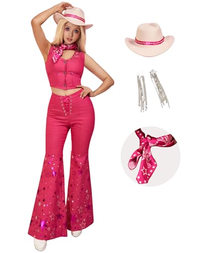 Cosplay.fm Cowgirl Costume Outfit Women 70s 80s Hippie Disco Costume Vest Pants with Cowboy Hat Scarf Ear Clips (Pink L)