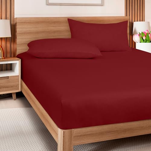 Image of ROYALE LINENS 300 Thread Count 100% Long Staple Combed Cotton Fitted Sheet Full - Super Soft Deep Pocket Bottom Sheet - Fitted Sheets Only - Elastic Sheets (Full, Red)