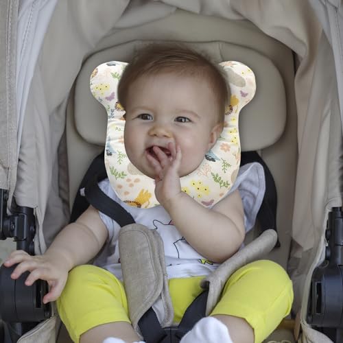Image of Baby Travel Pillow, Infant Kid's Cushion Soft and Skin Friendly for Car Seat, Pushchair and Stroller (White Animal Flower)
