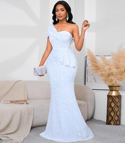 Image of Cololura Women Sexy Sequin One Shoulder Mermaid Formal Party Cocktail Gowns Bodycon Evening Maxi Dress