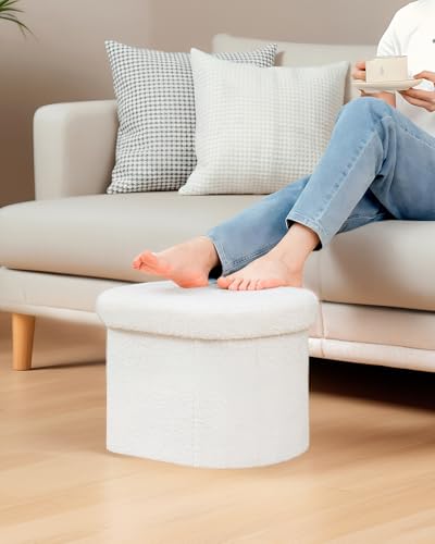 Image of B FSOBEIIALEO Storage Ottoman for Dorm Room, Boucle Folding Storage Ottoman Foot Rest, 16.14 Inches Small Collapsible Ottoman Cube for Living Room White Cream