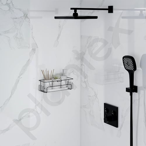 Image of Plantex GI Steel Adhesive Shelf for Bathroom Wall /Self Adhesive Shelf for Kitchen with Side Hooks to Hang Loofah for Bathing /Bathroom Organiser - Black, Powder Coated