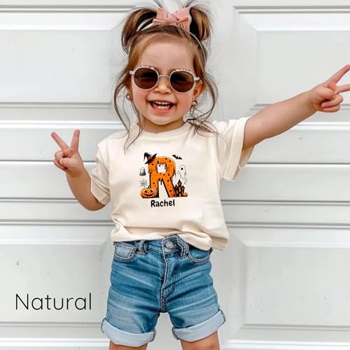 Personalized Halloween Kids Shirt - Custom Name Letter T-Shirt, Pumpkin and Haunted House Design, Halloween Gifts for Children3
