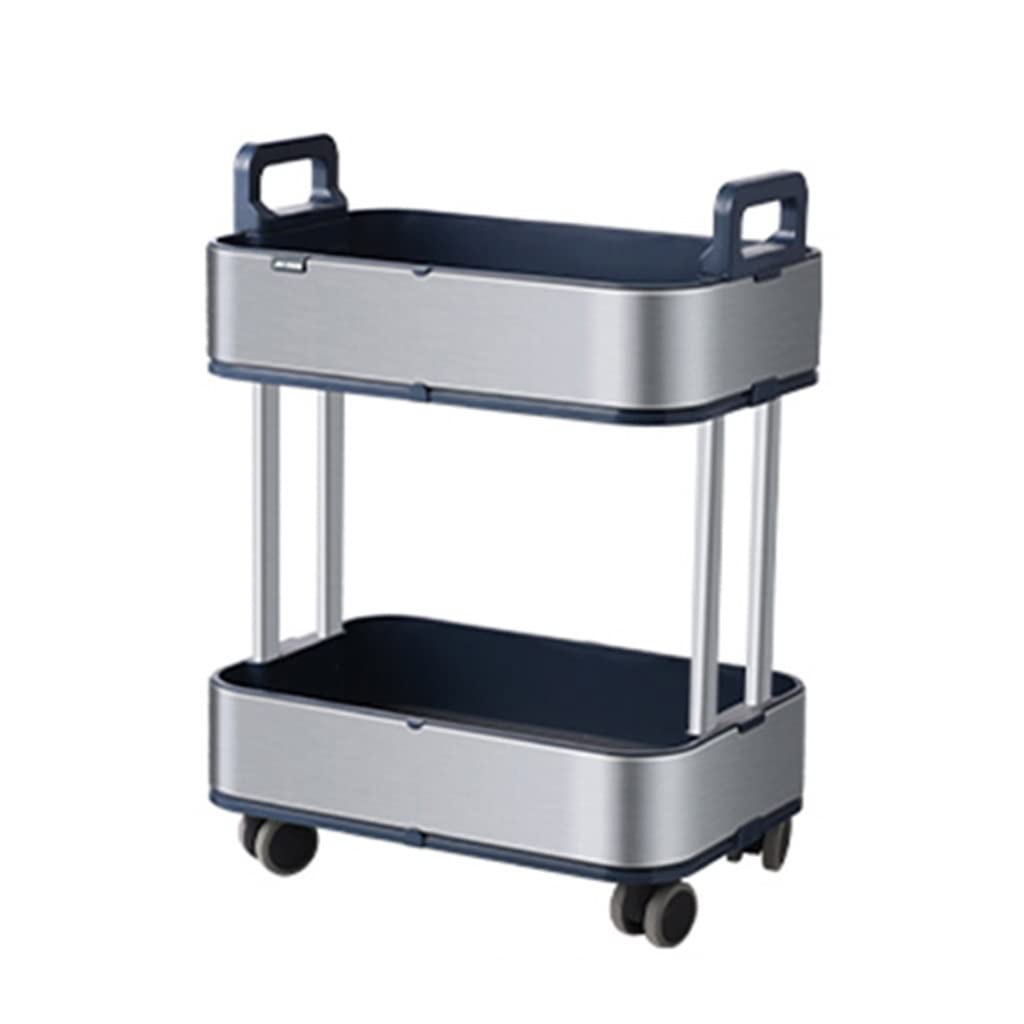 Chariot de cuisine mobile en acier inoxydable argenté à 2 niveaux avec roulettes