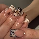24Pcs Fall Press on Nails Medium Square Fake Nail with Leopard Print Designs French Tip 3D Flower False Nail Autumn Glue on Nails Full Cover Reusable Stick on Nails for Women Girls