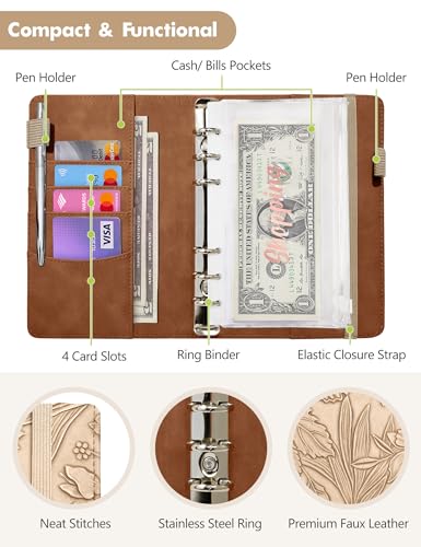Image of A6 Budget Binder for Money Saving, Budget Planner, Money Organizer for Cash | with 8 Cash Envelopes, Budget Sheets & Rose Gold Category Stickers, PU Leather, Light Brown Embossed Floral