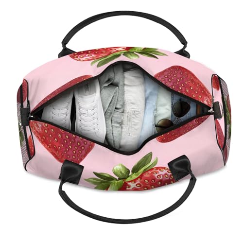 Personalized Fruit Strawberry Travel Duffel Bag with Name, Custom Gym Sport Bag Green Leaf Summer Carry On Weekend Overnight Duffel Bag for Men Women4
