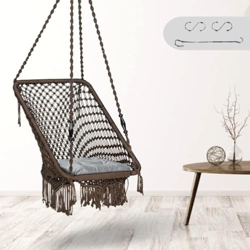 Image of Swingzy Premium Rectangle Swing Chair for Adults | Stylish Indoor Outdoor Hanging Swing | Polyester Blend Large Swing for Balcony | Durable Relaxing Hammock Chair (Accessories Included, Brown)