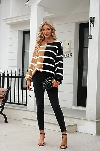 LAYOGAS Womens Color Block Sweaters Crewneck Long Sleeve Striped Pullover Sweater Casual Loose Knit Jumper Tops4