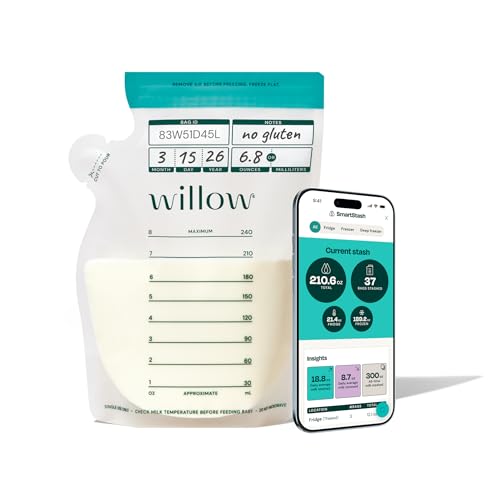Willow - 8oz Breast Milk Storage Bags - SmartStash Tracking - 50ct - Double Zip Seal for Durability - Freezer & Fridge Breastmilk Storage - Easy Pour Spout - BPA Free - Breastfeeding Essentials