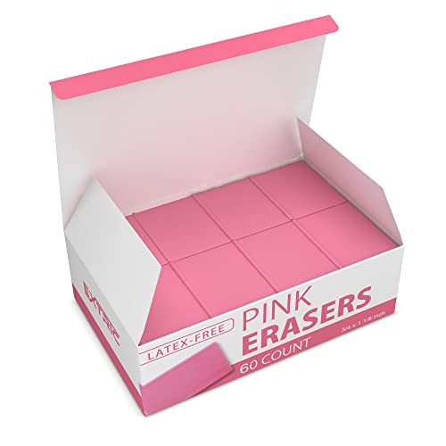 Pink Erasers, 60 Count, Latex Free Eraser for Kids, Square Eraser, Erasers Bulk for School Supplies, Art, and Office Use