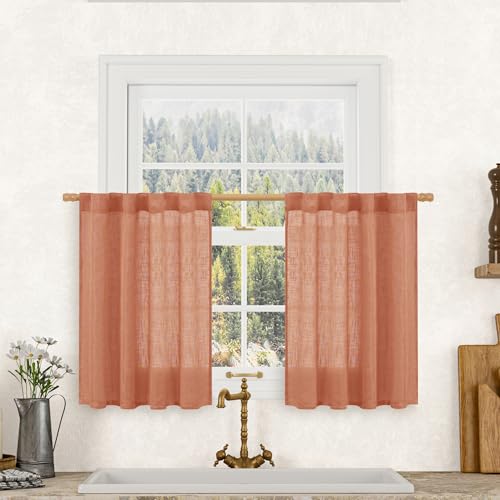 LAMIT Short Linen Window Curtains 30 Inches Long 2 Panels, Terracotta Semi Sheer Light Filtering Panels Back Tab and Rod Pocket Fall Drapes for Basement/Small Windows, 34 x 30 Inch