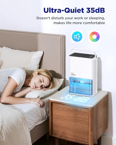 Image of EasyAcc Dehumidifiers for Home, 2000ml Dehumidifier Pro - 500-650ml /Day-3 Modes Speeds /Ultra Quiet /Auto Defrost 7 Colour LED Light Auto Shut Off - Ideal for Bedroom RV Car Kitchen Garage Damp White