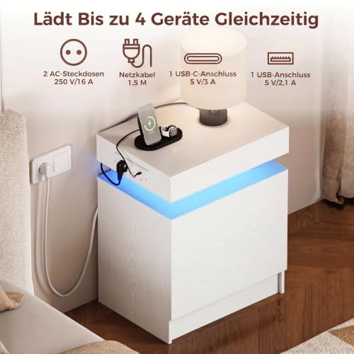 IRONCK Nachttisch Weiß mit LED, Moderne Nachtschrank mit Ladefunktion – Ansicht 2