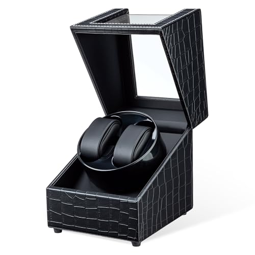 Mcbazel Caja Giratoria para 2 Relojes,Watch Winder Automático Caja Giratoria para Relojes de Pulsera con 2 Ranuras, Diseño de Piel de Cocodrilo   Negro