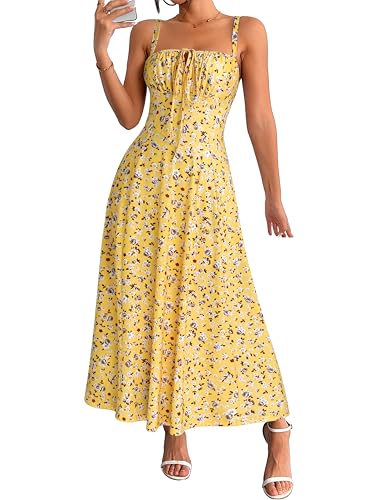 Image of YATHON Women's Summer Midi Corset Boho Dresses Spring Casual Floral Spaghetti Straps Lace Up Dress Flowy Aline Beach Sundress