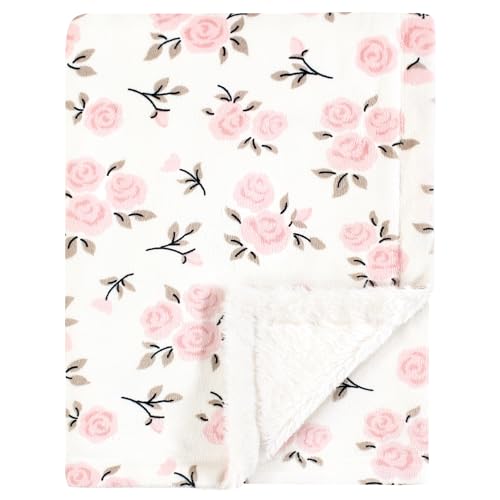 Image of Hudson Baby Infant Girl Plush Blanket with Furry Binding and Back, Neutral Pink Floral, One Size