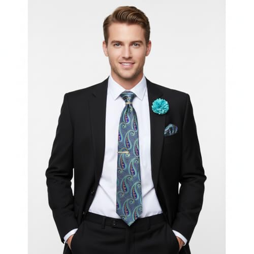 Image of 5PCS Mens Premium Silk Tie, Pocket Square, Cufflinks, Drilled Tie Ring and Lapel Pin Set for Wedding Groom Party