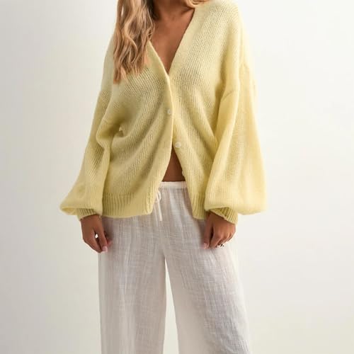 HYxwrjoker Womens Open Front Cardigan Sweaters Solid Color Long Sleeve V Neck Button Down Loose Sweater4